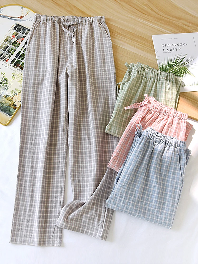 

Хлопковые пижамные штаны с высокой талией, длинные штаны для пар, хлопковая эластичная талия, домашняя одежда, летняя уличная одежда