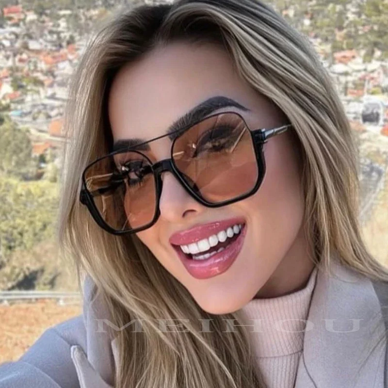 أزياء براون مربع المرأة النظارات الشمسية الجديدة خمر المتضخم جسور مزدوجة نظارات شمسية الإناث الفاخرة شقة أعلى ظلال النظارات #2