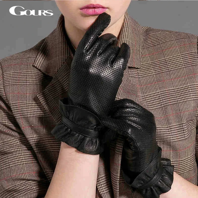 GOURS Winter Real Leather Gloves for Women Black Genuine Goatskin Gloves Fashion thin lined Warm Driving Breathable New GSL039