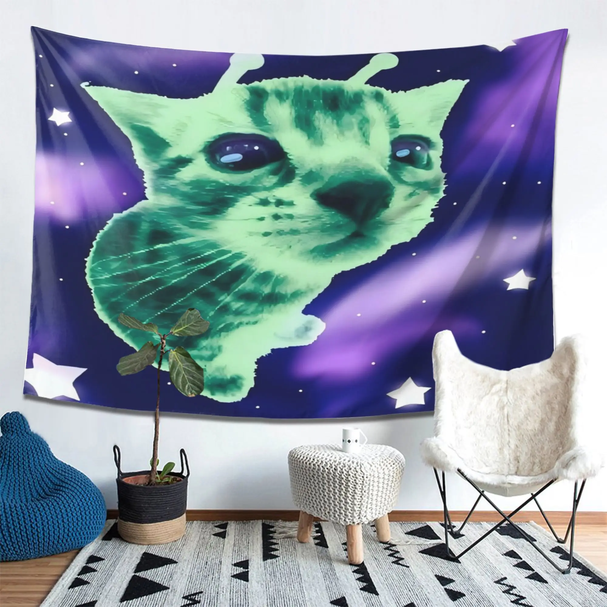 VIKAMA Alien Green Cat Galaxy Tapestry Space Kitten Wall Hanging Cute Cosmic Aesthetic Backdrop for Bedroom Dorm Kawaii Decor