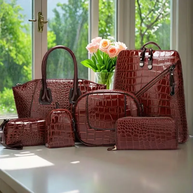 6Pcs Solid Color Crocodile Pattern Handbag Set, Large Capacity Versatile Women Shoulder Crossbody Purse Kit view 2