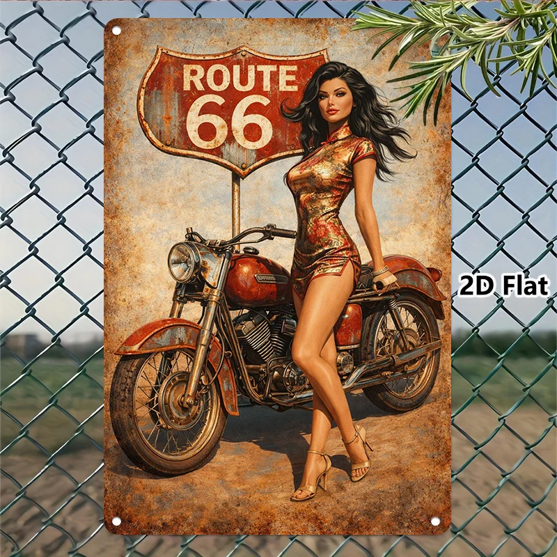 2D Flat Retro Road Motorcycle Girl Metal Sign - Vintage Highway Wall Decor for Garage Man Cave Home Biker Rider Gift