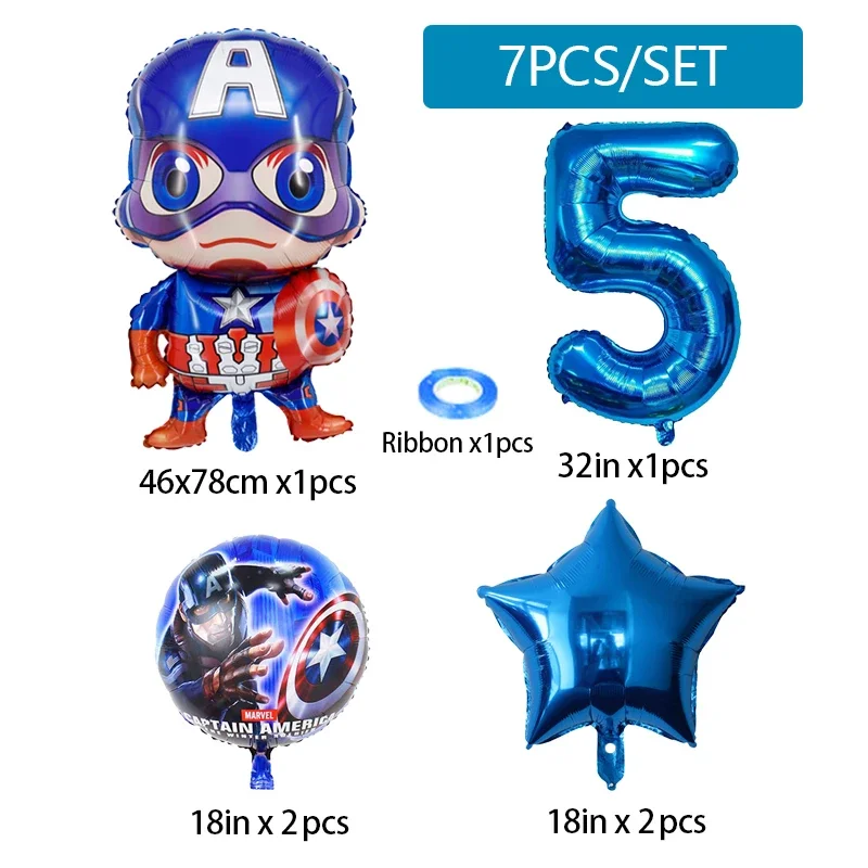 7Pcs Superhero Avengers Captain America Balloon Set 32in Number Foil Balloons for Boy Birthday Party Decor Baby Shower Supplies