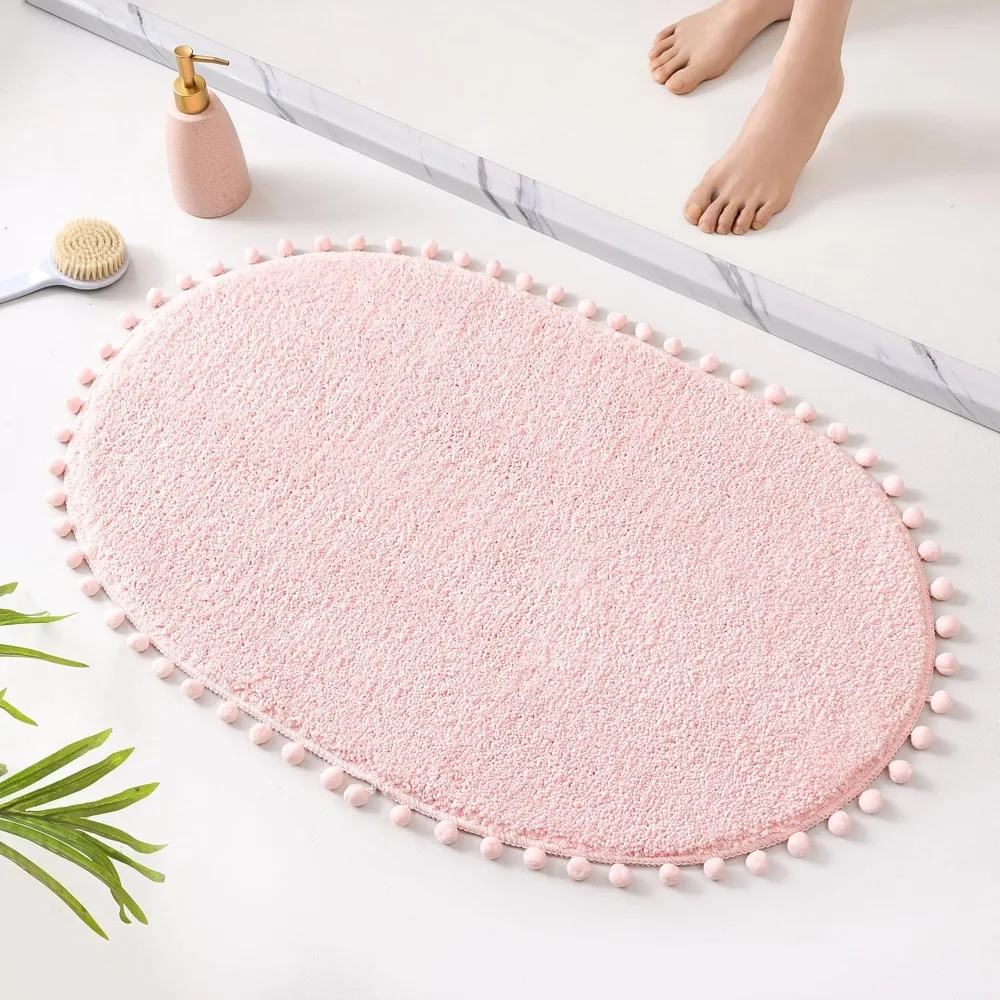 

Bath Mat Blush Pink Rug with Pom Oval Bathroom Rugs for Bedroom Non Slip Cute Boho Absorbent Mats Soft Plush Washable Rug (20x3