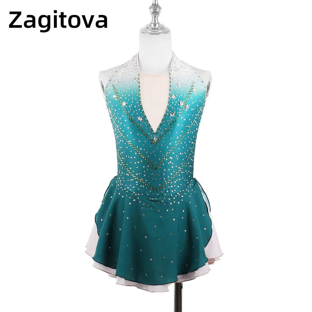 Zagitova Figure Skating Dress For Women Girls Ice Skating Skirt Performance Competition Gradient Green Sleeveless