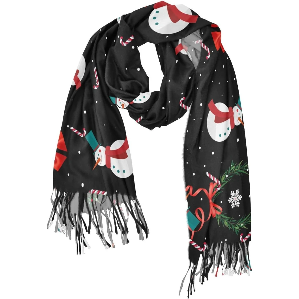 

Черный женский шарф со снежинкой и снеговиком, мягкие теплые длинные шарфы, шаль для зимы-осень, домашнего офиса, путешествий