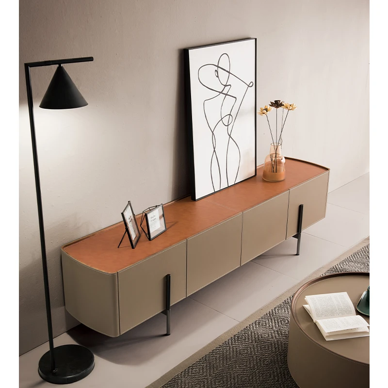 Italian minimalist saddle leather TV cabinet, coffee table combination, modern minimalist designer living room furniture