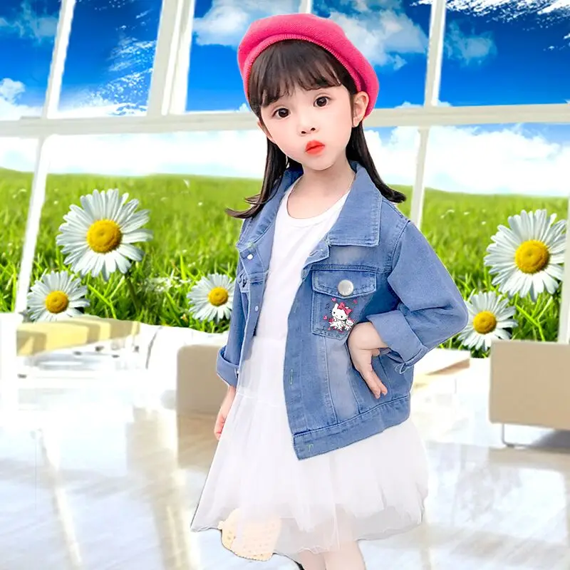 2024 Fashion Cartoon Hello Kitty Denim Jacket For Girls Coat Spring Autumn Children Outerwear Kids Casual Jackets 2-7 Years