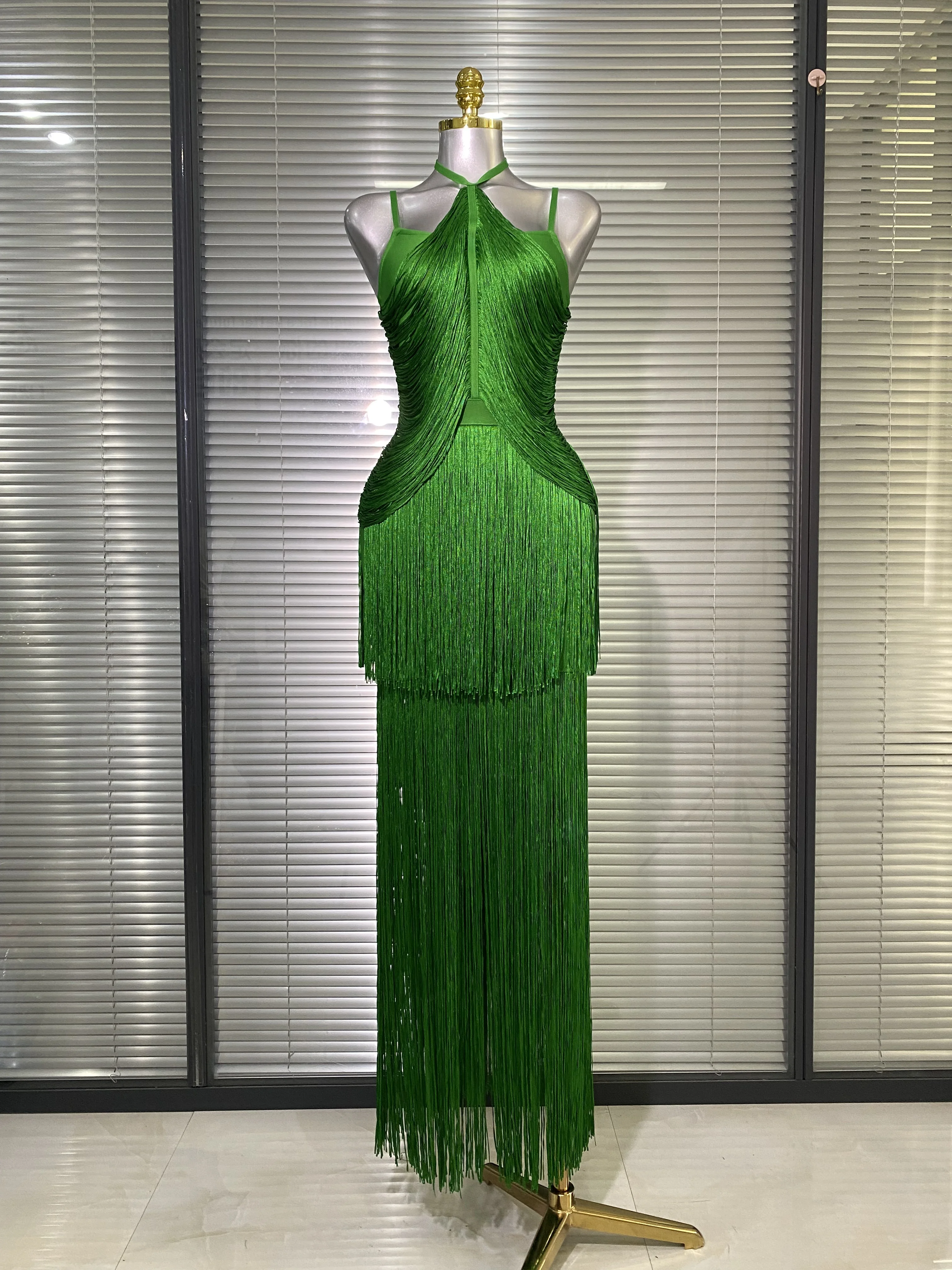 

Summer New 2025 Women Sexy Celebrity Green Black Tassel Long Bandage Dress Long Evening Bodycon Party Dress
