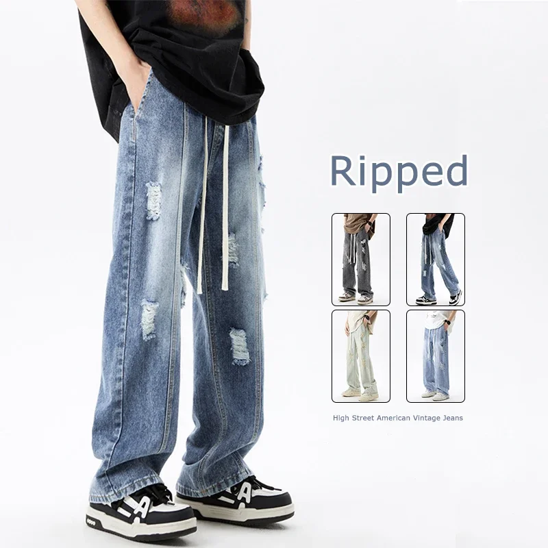 

Pop Harajuku Ripped Jeans Men's Streetwear Loose Straight Vintage Y2k Pants Drawstring Casual Hole Personality Denim Trousers