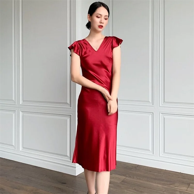 England Style Vintage Elegant Women's Summer Long Dress Flying Sleeves V-Neck Slim Fit Party Dress Fashion Satin Vestidos