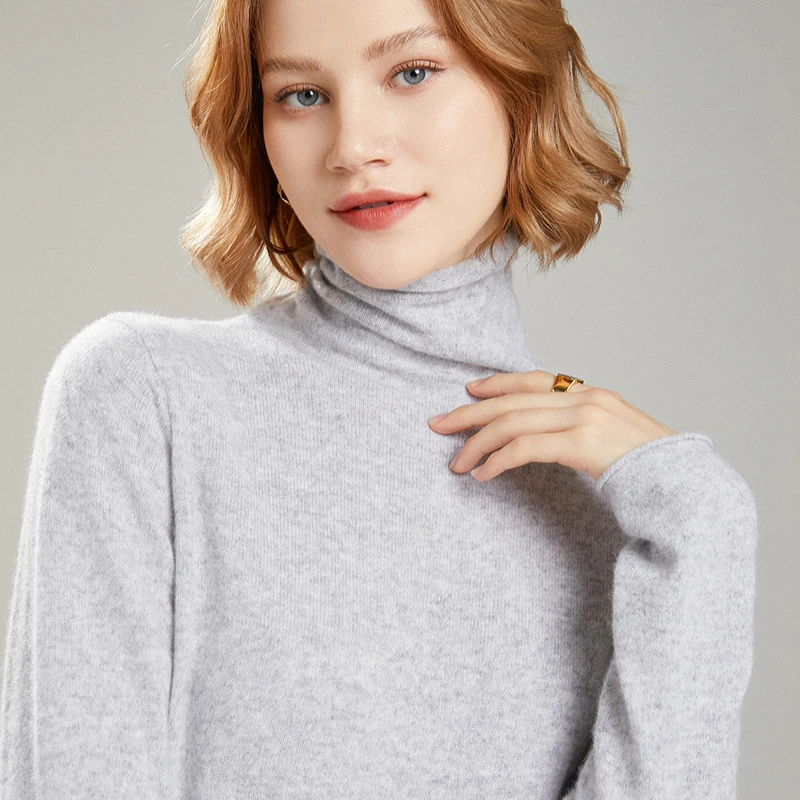 Suéter de lana 100% pura para mujer, Jersey de punto y manga larga de cuello alto, Top cálido de moda coreana, Otoño e Invierno