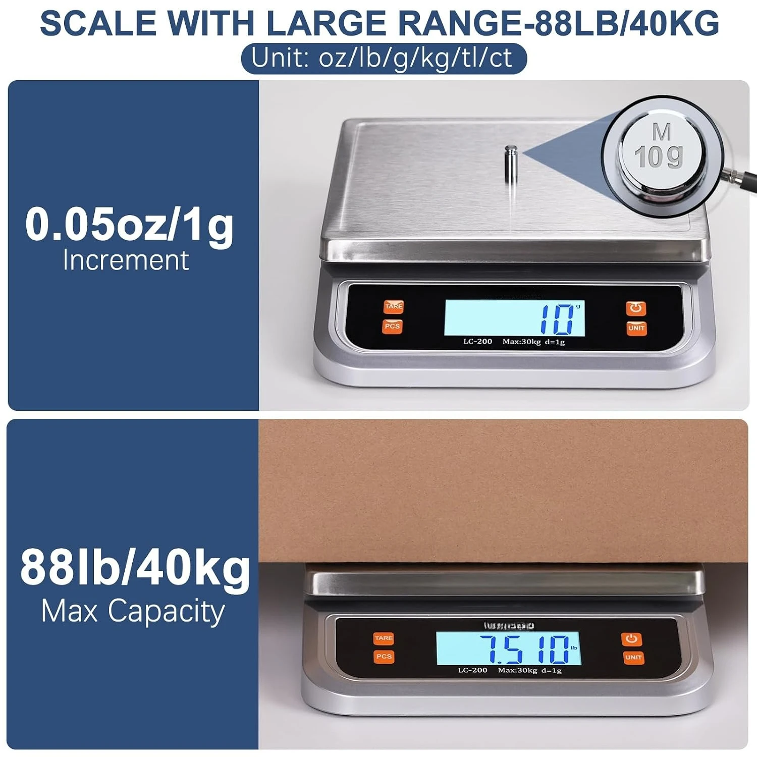 Digital Scale Stainless Steel 200lb Commercial with Full View LCD Display for Baking Cooking Meat Silver