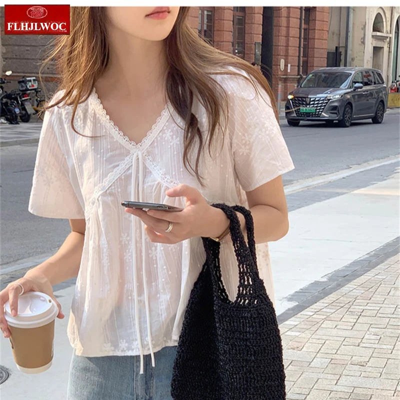 Bonito mistura de algodão topos curto chique coreia bonito boneca camisa design 2025 mulher verão babados casual gravata borboleta camisa de renda branca blusa
