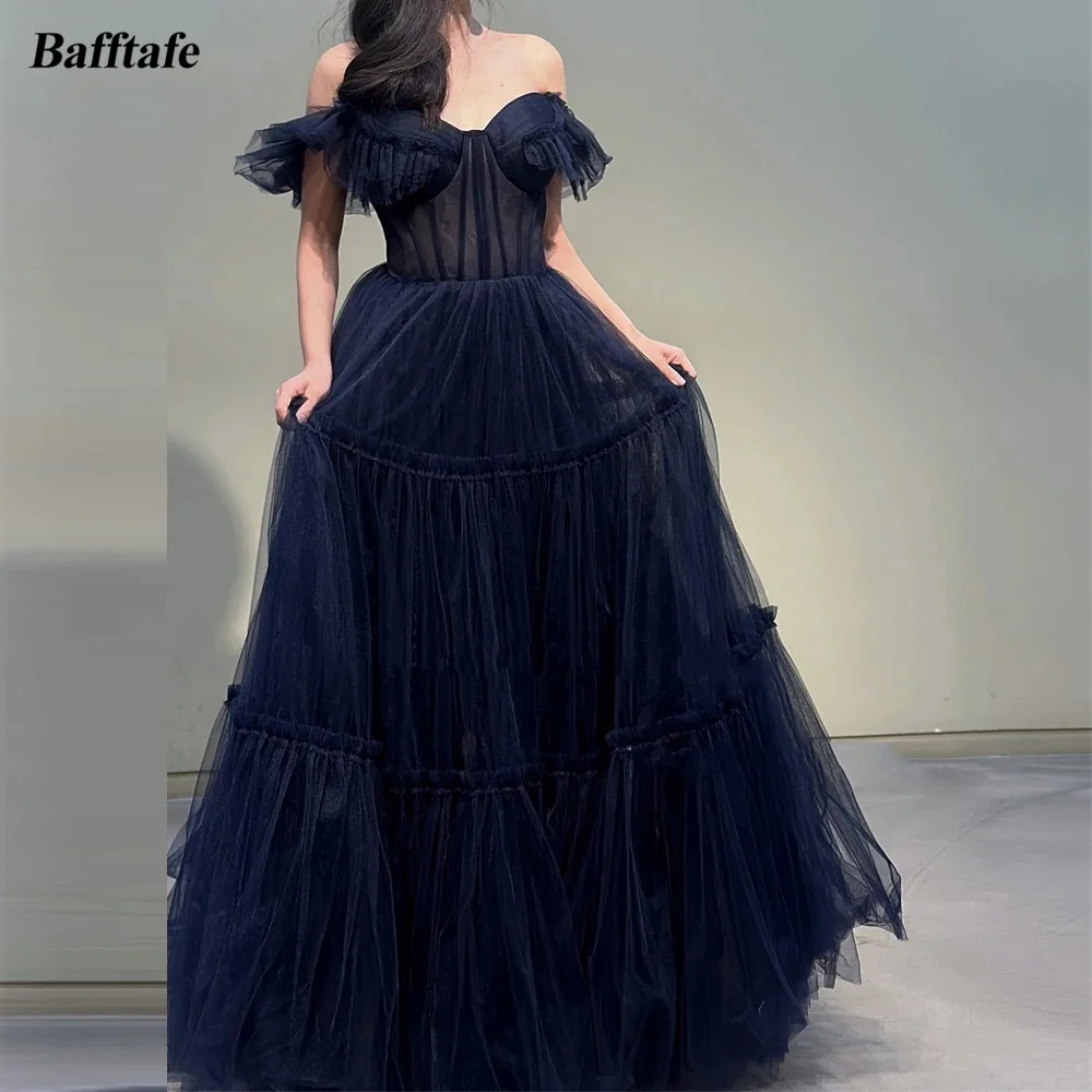 Bafftafe Navy Blue Tulle Korea Prom Dresses Customized Transparent Off Shoulder Wedding Photography Women Formal Evening Gowns