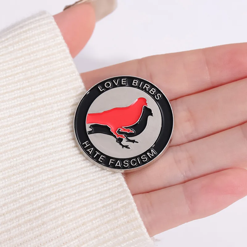 Creative Love Birbs Hate Fascism Enamel Pin Antifa Action Button Metal Badge Double Pigeon Animals Brooches Jewelry Accessories