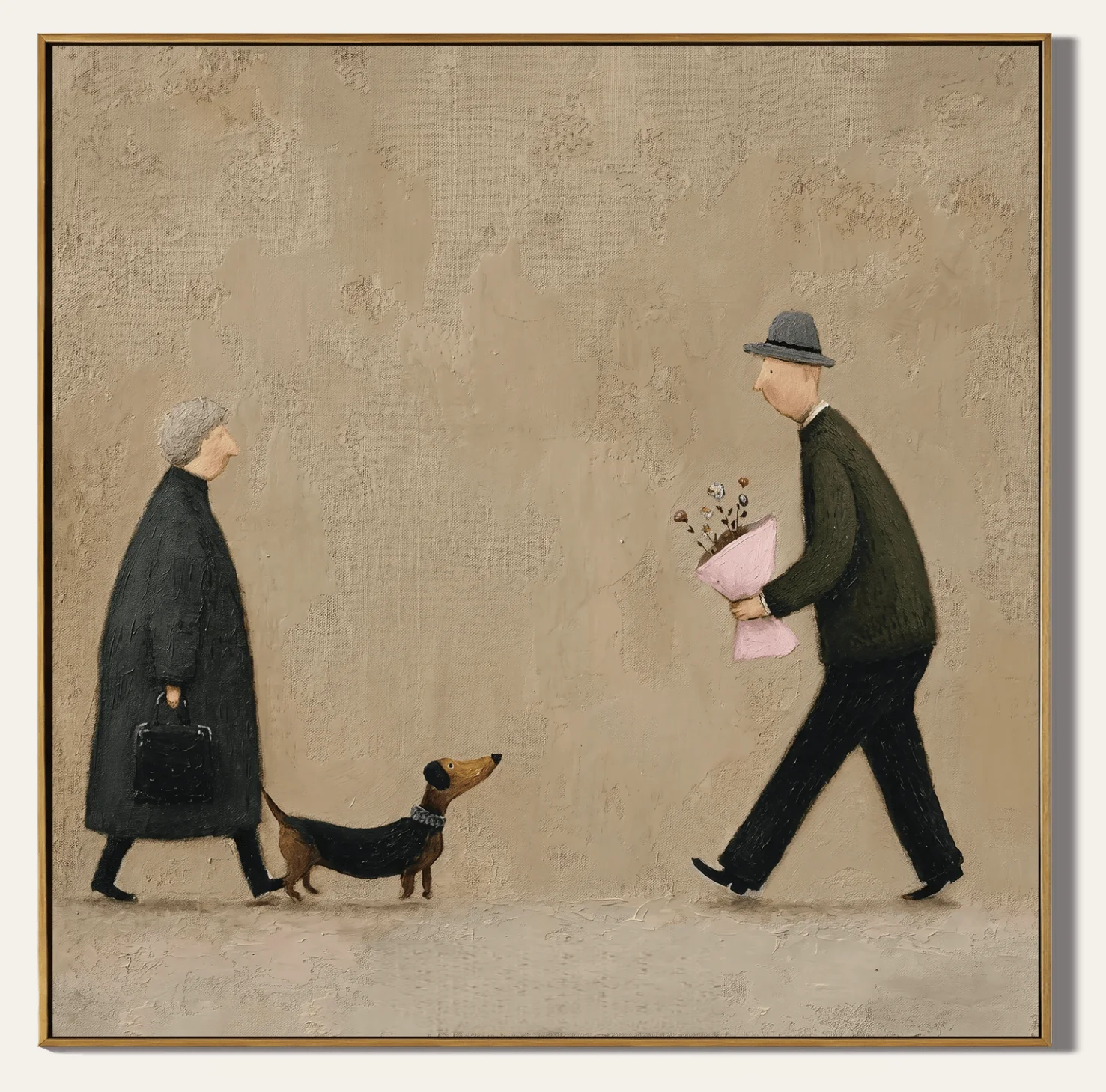 Retro Warm Elder Couple Dachshund Canvas Wall Art Prints Posters Decor, Muted Tone Art For Living Room Bedroom Study