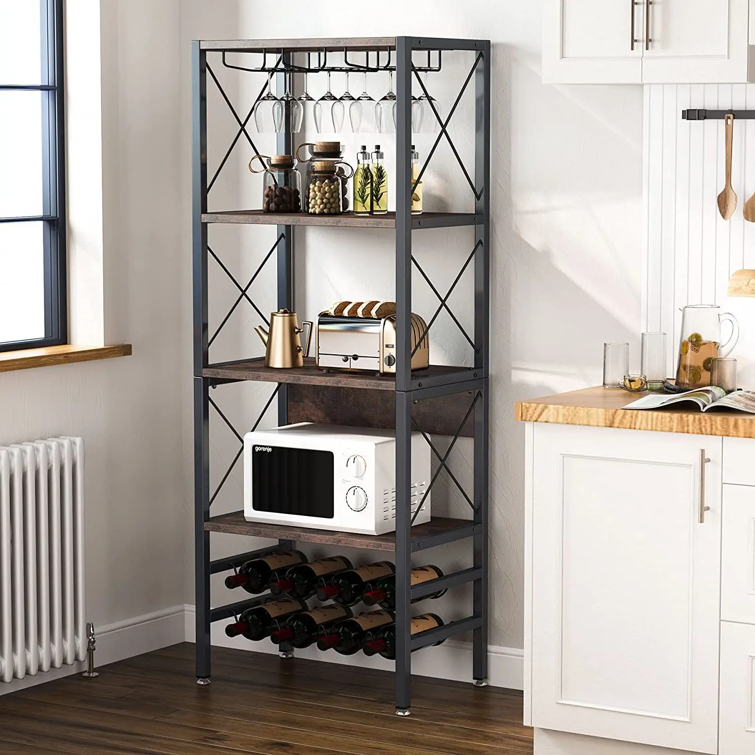 Four-tier wine baking rack with hanging goblets and storage wine cabinet