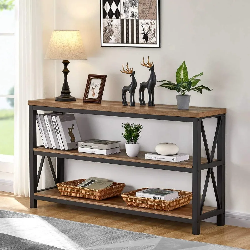 Console Table for Entryway, Wood Sofa Table, Rustic Hallway Tables with 3-Tier Shelves for Living Room (55 Inch, Rustic Oak)