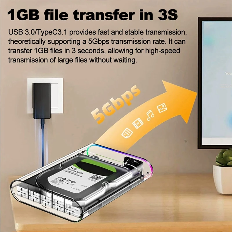3.5IN HDD/SSD Enclosure Transparent USB 3.0 Type C to External HDD Case Support 28TB SSD RGB Colorful Light US Plug-A31R - view 3