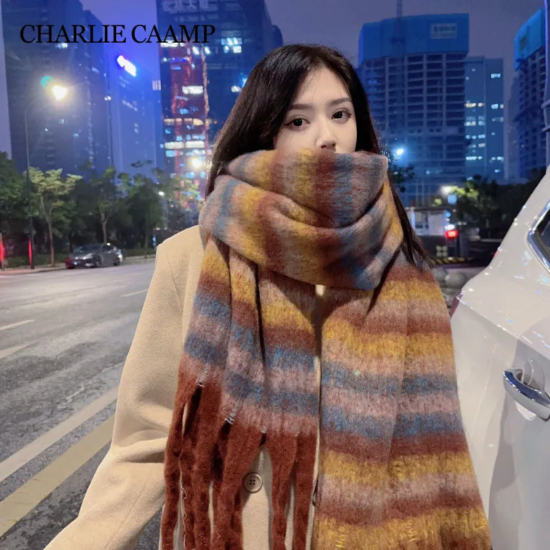 

Winter Thick Warm Scarf Women Cashmere Shawl Wrap Design Pashmina Neckerchief Female Rainbow Tassel Blanket Echarpe Poncho Stole