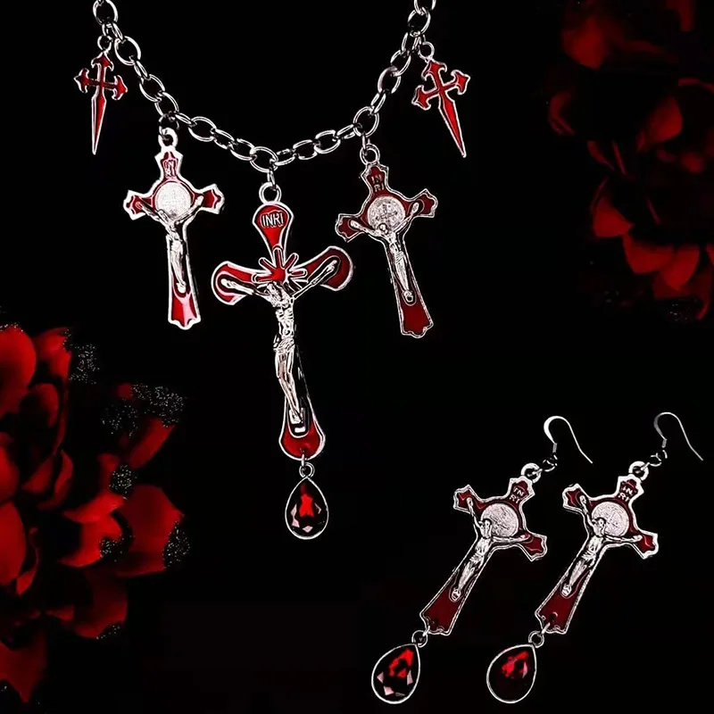 WANZHI New 3pcs Halloween Gothic Style Bat Cross Pendant Jewelry Set Exaggerated Exquisite Ruby Inset Necklace Bracelet Earrings