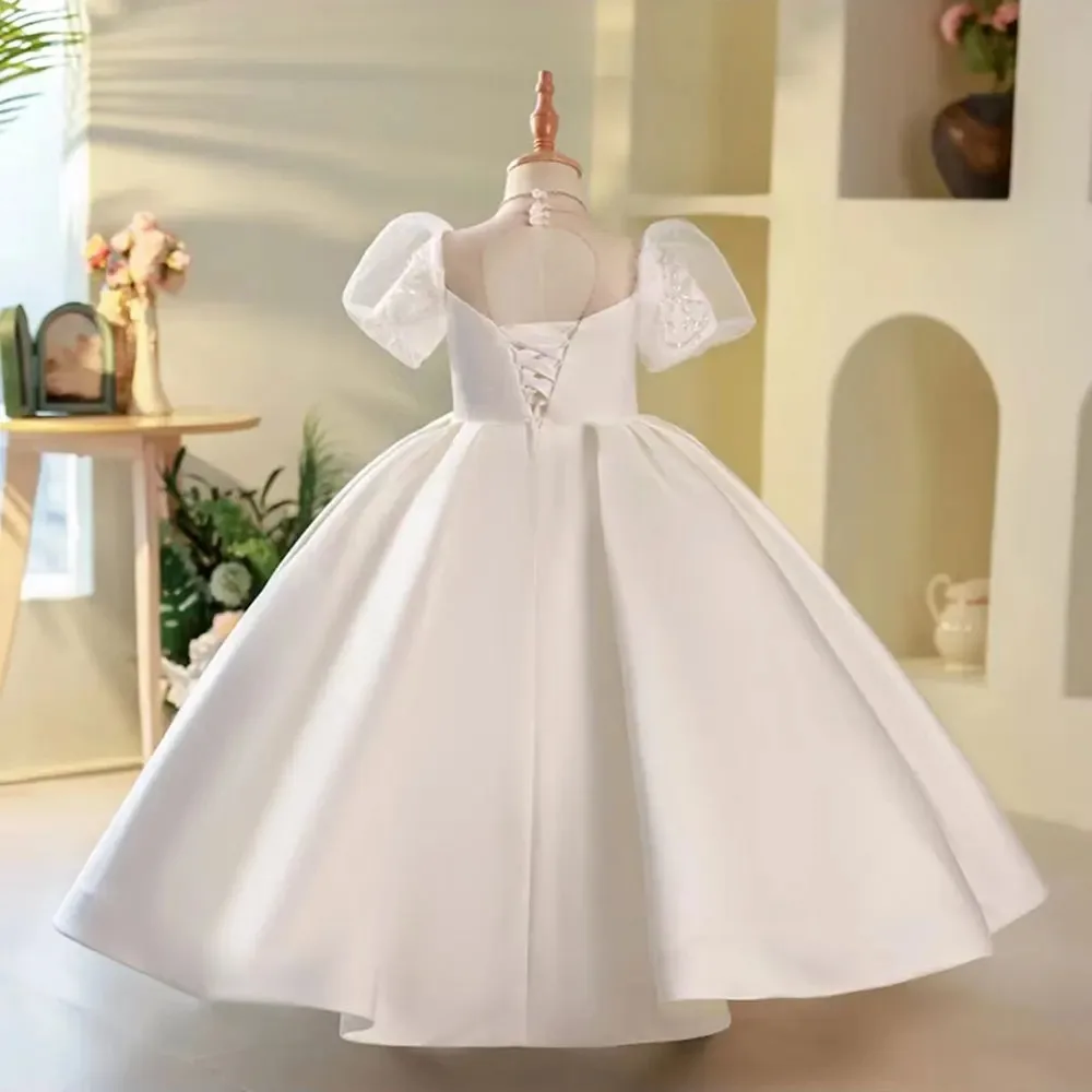 Custom Elegant White Flower Girl Dress, Beaded Satin, Arabic-Style Princess Design, Children's Birthday and Wedding Party Dress,
