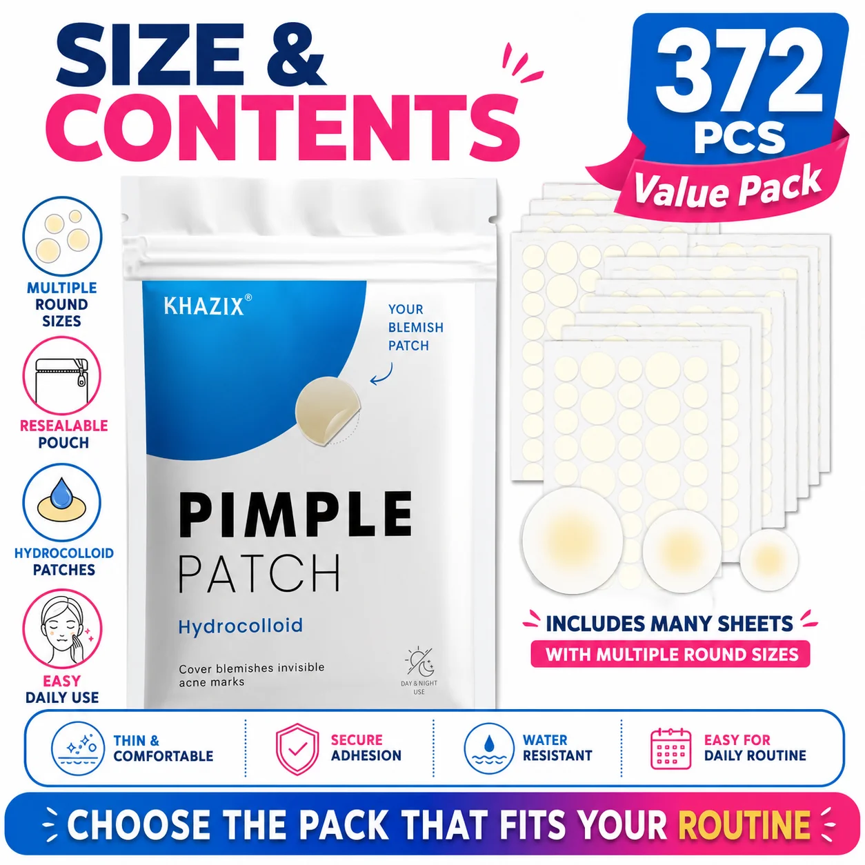 372PCS Hydrocolloid Acne Pimple Patch, Hydrocolloid Spot Stickers, Covering Zits and Defect, Nighttime Spot Stickers