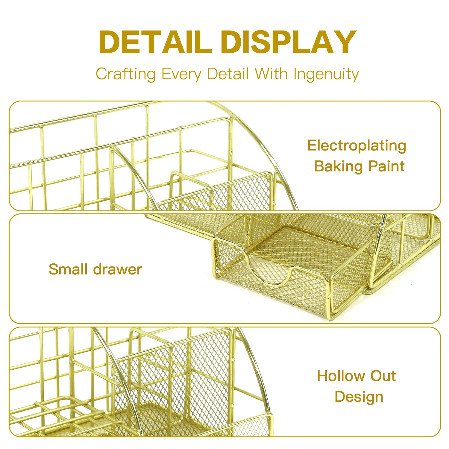 منظم سطح المكتب المعدني الذهبي، شريط ملفات متعدد الوظائف، رف تخزين اللوازم المكتبية، حامل القرطاسية ومستحضرات التجميل، مدمج F