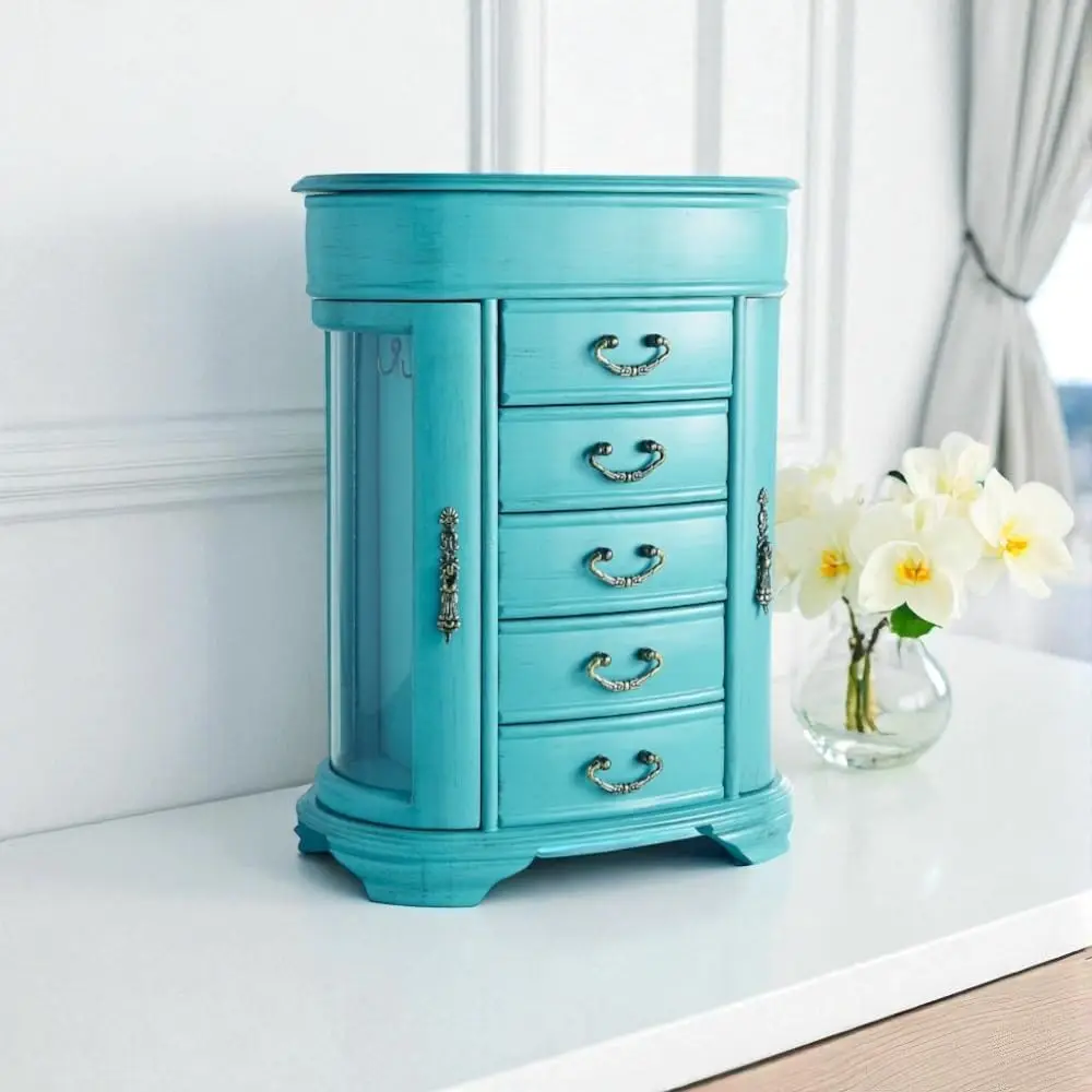 Turquoise Glass Jewelry Organizer Box with Mirror, Drawers & Necklace Hooks for Storage