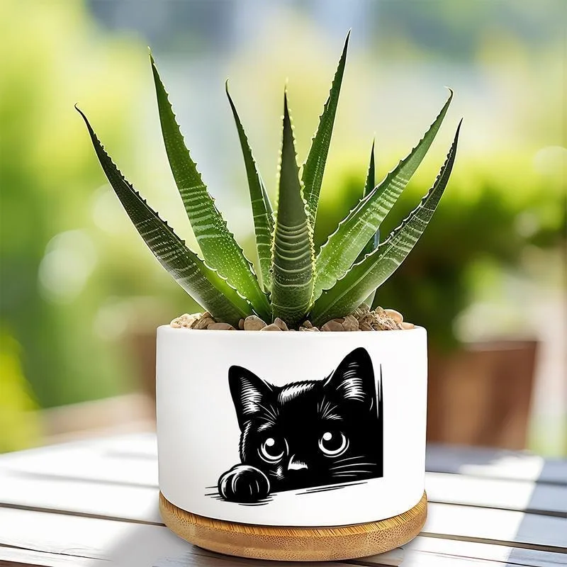 Pot de fleurs en céramique à motifs de chat noir avec plateau pour décoration de bureau à domicile, cadeau pour les amoureux des plantes, ami de la famille (à l'exclusion des plantes)