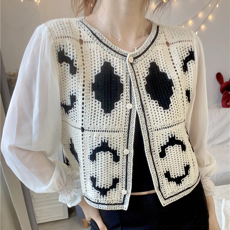 Girls Kawaii Chiffon Stitching Hollow Out Jacquard Weave Button Up Lace Blouse Women New Fashion Casual Vintage Cute Tops Female