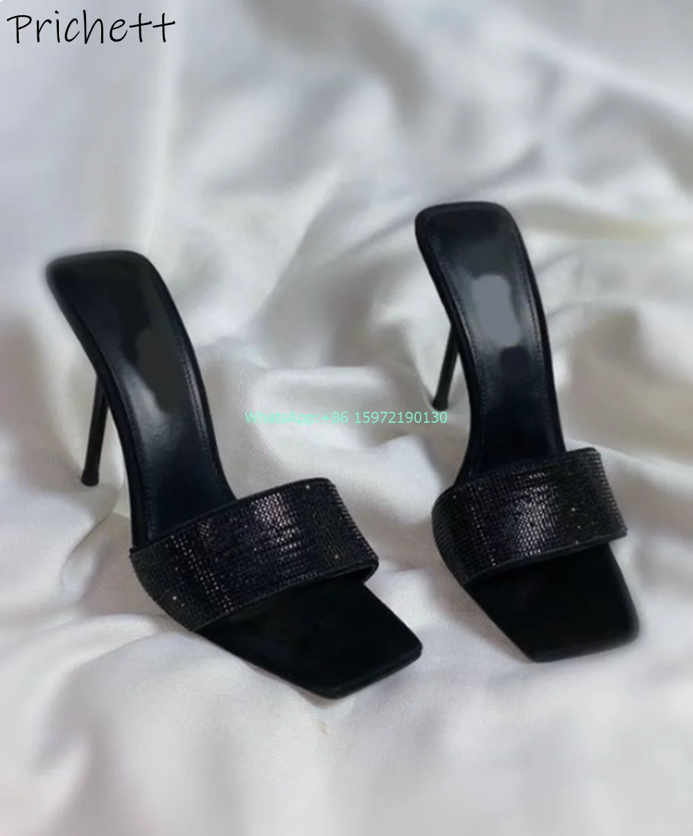 

Straight Strap Crystal Slippers Square Toe Slip On Solid Black Thin Heels Shoes Bling Outdoor Sexy New Fashion Stiletto Sandals