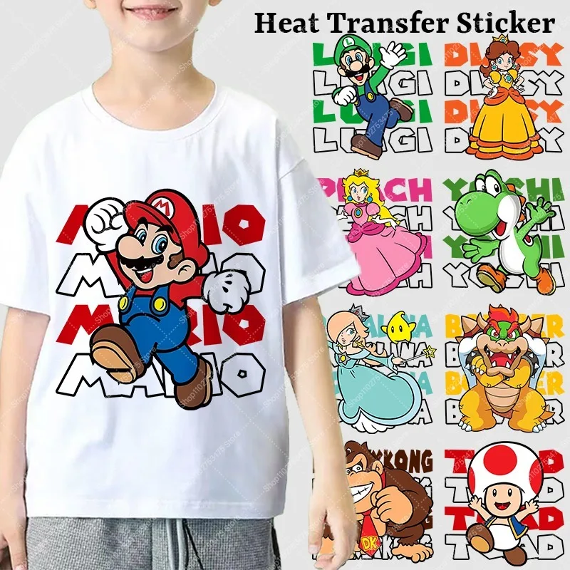 

Super Marios Bros Heat Transfer Sticker Anime Clothes Appliques DIY Decal Cartoon Cute Iron on Patches T-shirt Decor Stickers