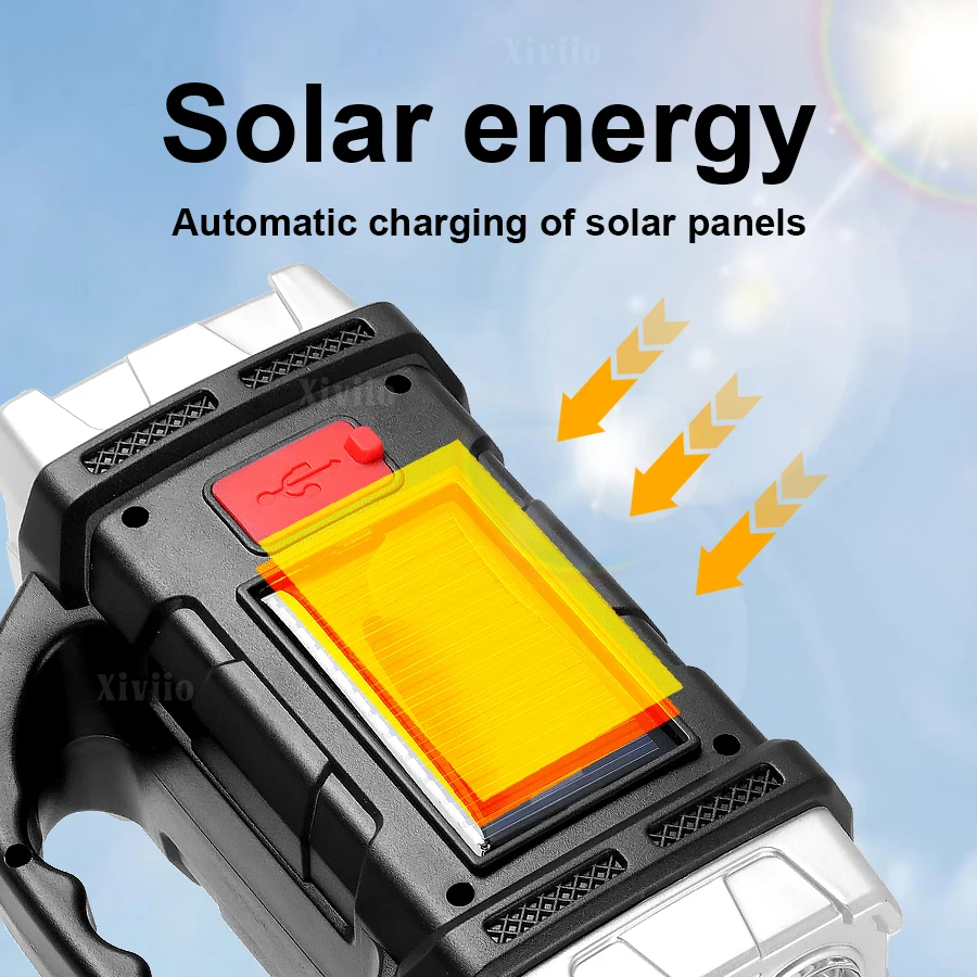Solar wiederaufladbarer Spotlight leistungsstarke USB -wiederaufladbare Taschenlampen mit 6 COB -Arbeitslicht -Power Bank Camping -Lampen Suchlicht