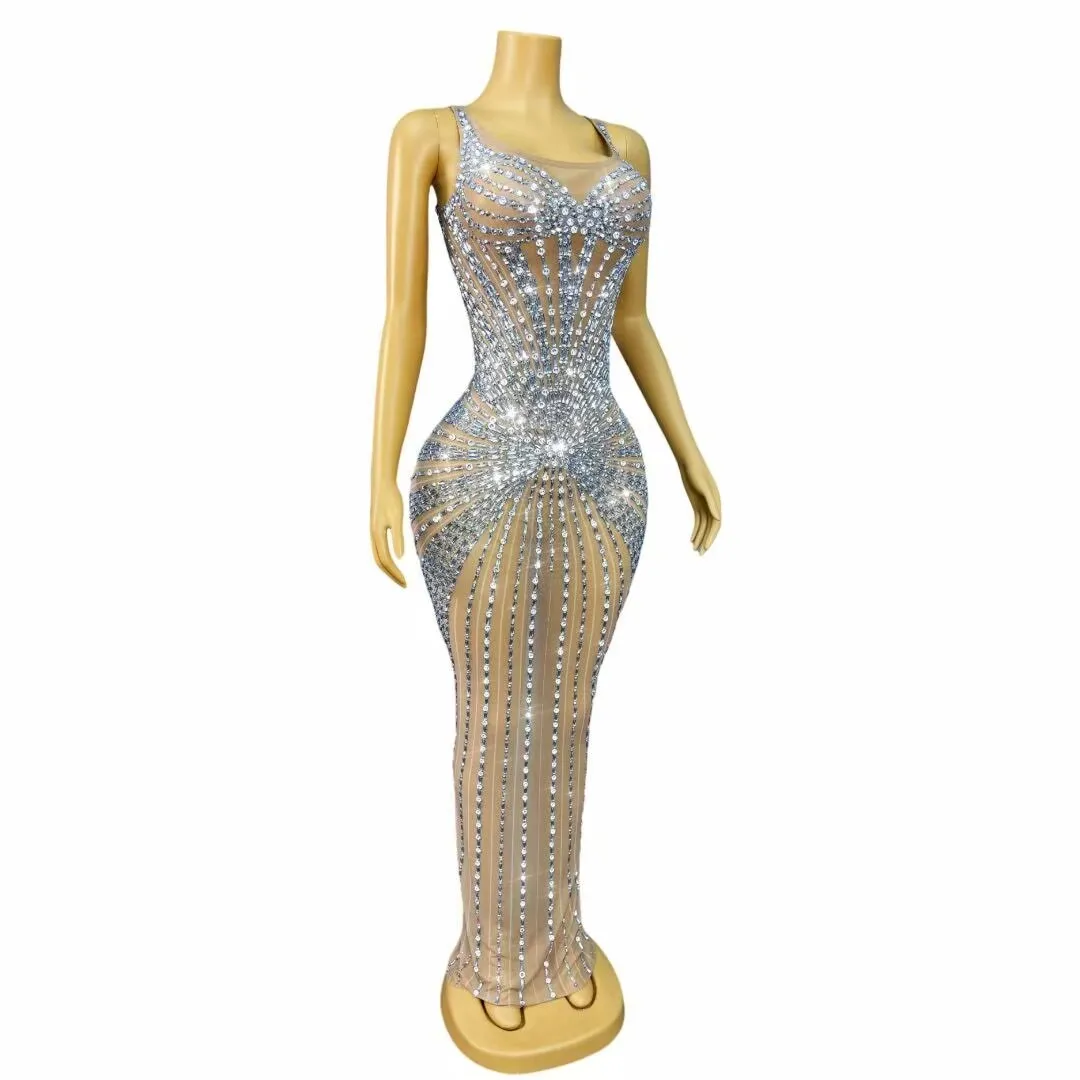 럭셔리 섹시 이브닝 반짝이는 실버 라인스톤 누드 메쉬 드레스 여성 칵테일 생일 파티 가운 레드 카펫 의상