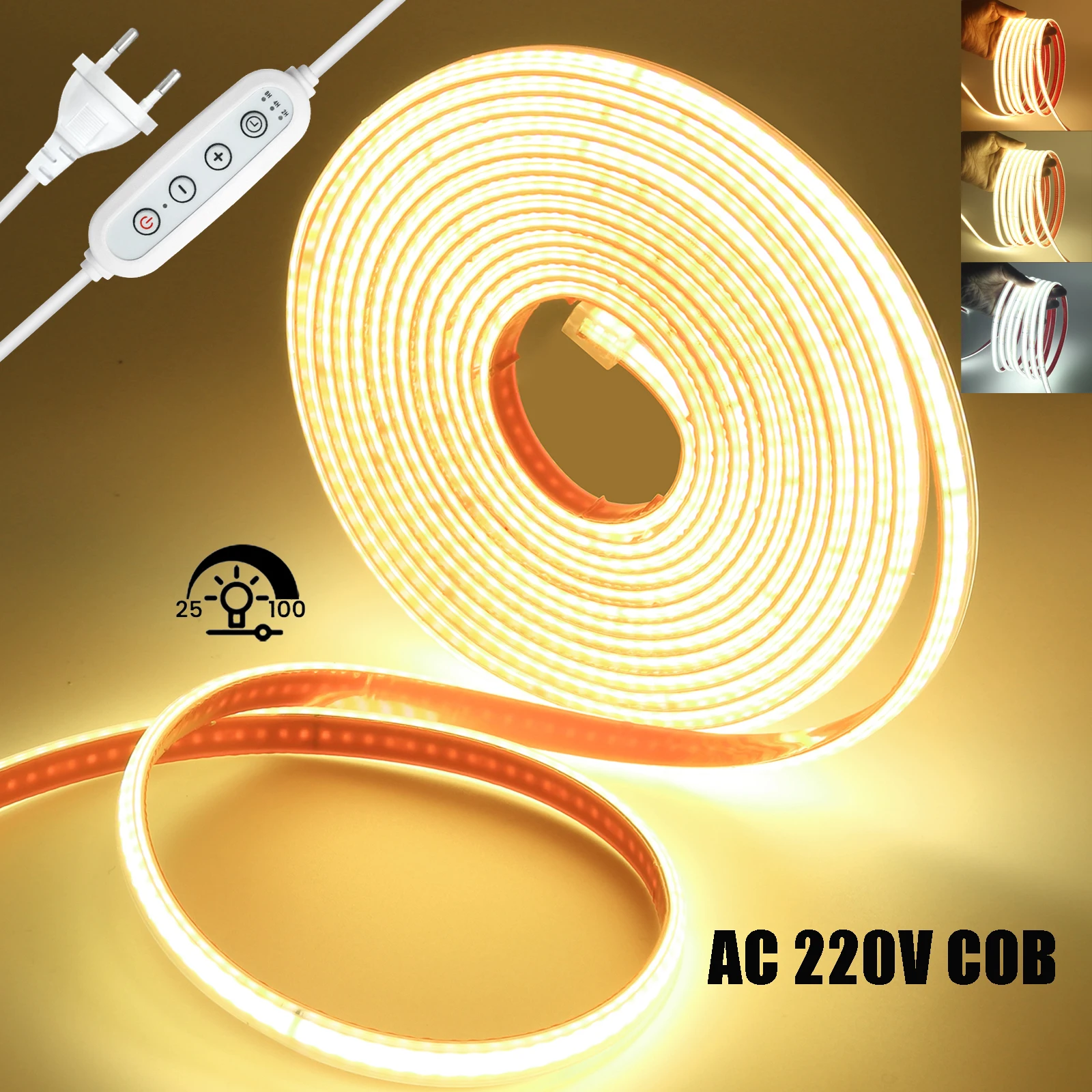 240LEDs/m 220V COB LED Strip Light Dimmable Power EU Plug Room Outdoor LED Neon Lights With Adhesive Tape Ribbon for Home Decor