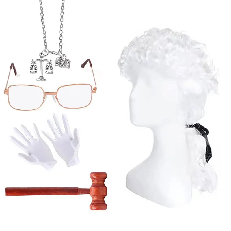 Halloween Judge Lawyer Wig Glasses Hammer White Gloves Party Prop Stage Performance Dress Up Judge Cosplay Accessories Set