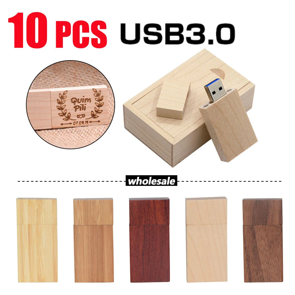 

10PCS LOT Wooden Box USB 3.0 Flash Drives 128GB Free Custom Logo Pen Drive 64GB High Speed Memory Stick 32GB Usb 16GB 8GB 4GB