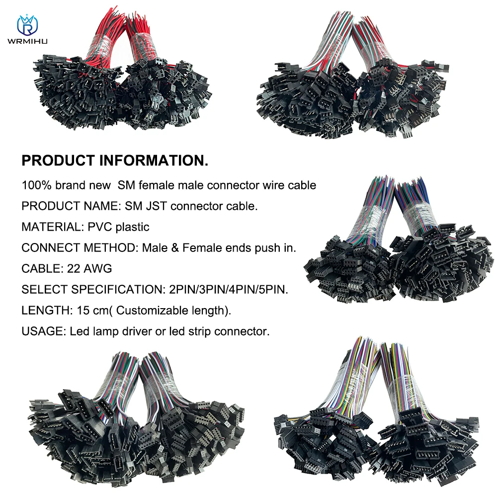 JST SM 2P 3P 4P 5P 6 pines, Conector de cable macho a hembra, tiras LED, conectores de controlador de lámpara, adaptador rápido 22AWG, 10 pares