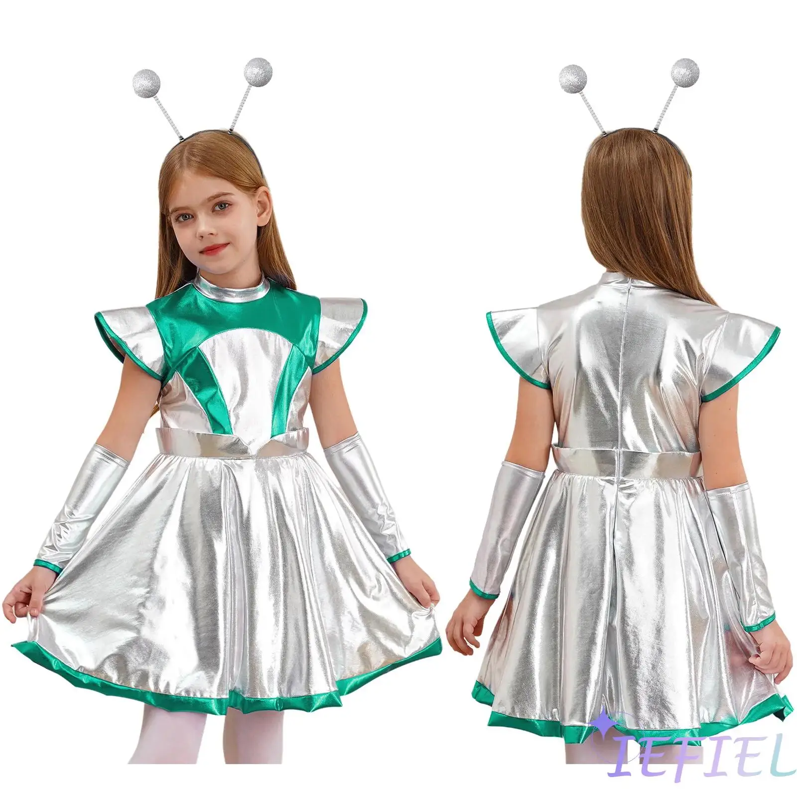 

Girls Alien Cosplay Costume Outer Space Cutie Dress with Arm Sleeve And Hair Hoop Suit for Carnival New Year Dress-up Party