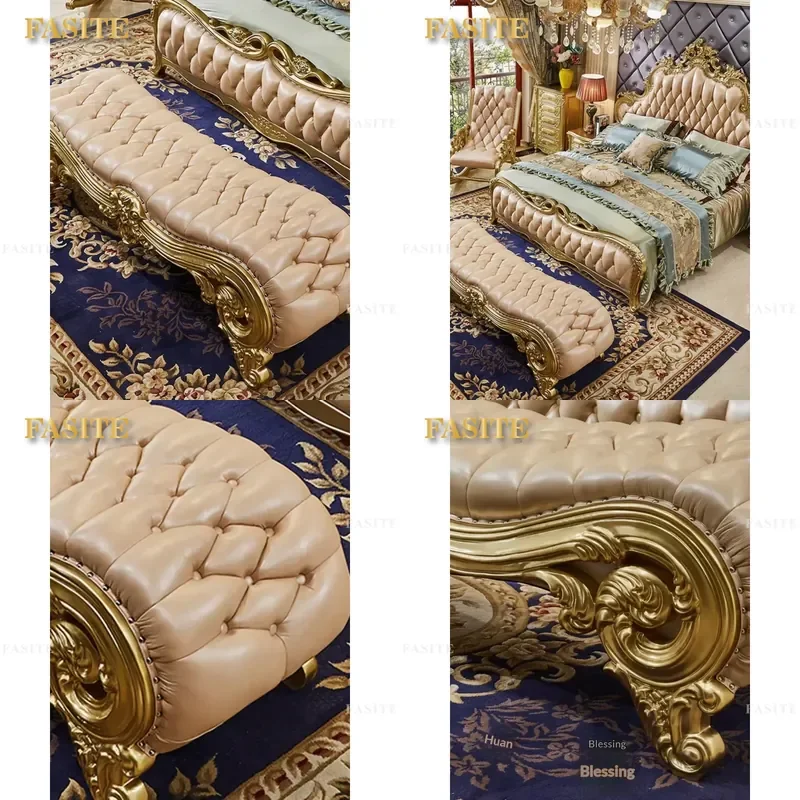 For European Style Leather Bedside Stool Carved Gold Foil Antique Design Shoe Changing Bench Bedroom Furniture Decorative