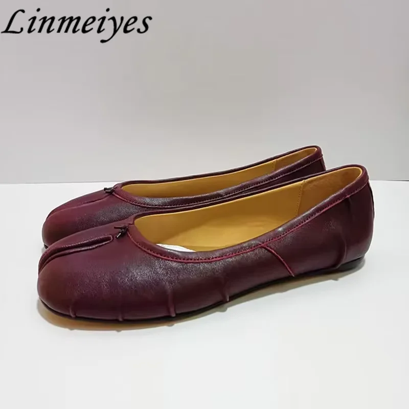 Hot Genuine Leather Tabi Shoes Women  Handmade Women Flats High Quality Sheepskin Shoes Luxury Design Split-Toe Mules Shoes