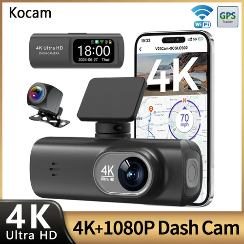Cámara de salpicadero UHD 4K, grabadora de conducción de doble lente, DVR para coche, cámara de lente trasera 1080P, WiFi incorporado, GPS, monitoreo de estacionamiento las 24 horas, caja negra