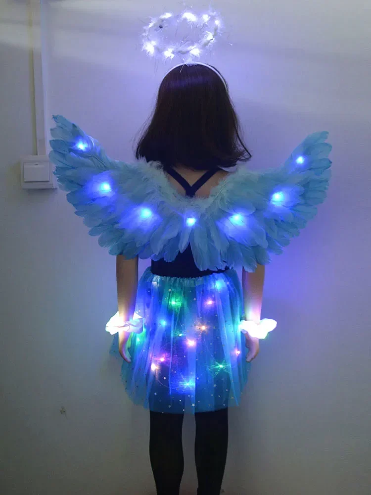 

Women Girls LED Party Feather Wings Adult Glow Angel Luminous Tutu Skirt Costume Hair Bands Wedding Christmas Headwear New Year