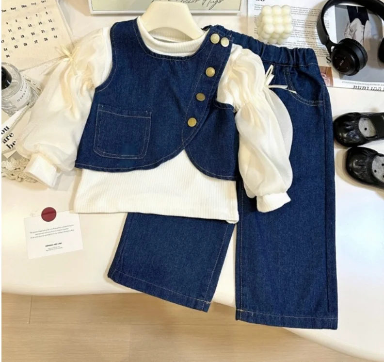 

New Baby Girls Fall Sweet Jean 3 Piece Sets Vest + Blouse + Pants Princess Fashion Suits 2-7T