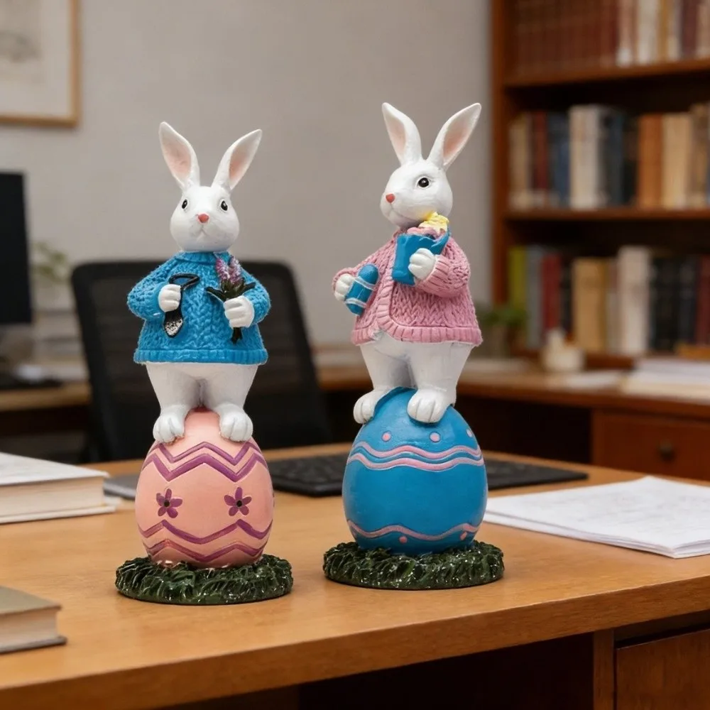 

Cute Cartoon Easter Bunny Figurine Standing Lovely Sculpture Bunny Egg Statue Handmade Egg Rabbit Ornament Holiday Gift