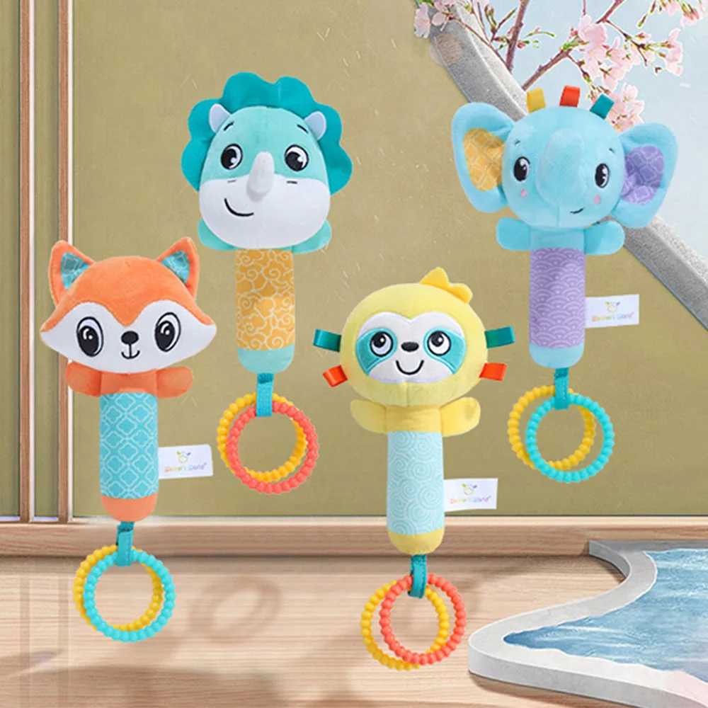 Baby Rattles Soft Hand Crank Toys Cartoon Animal with BB Call Voice Plush Toys Squeaky Sensory Travel Accessories for Toddler