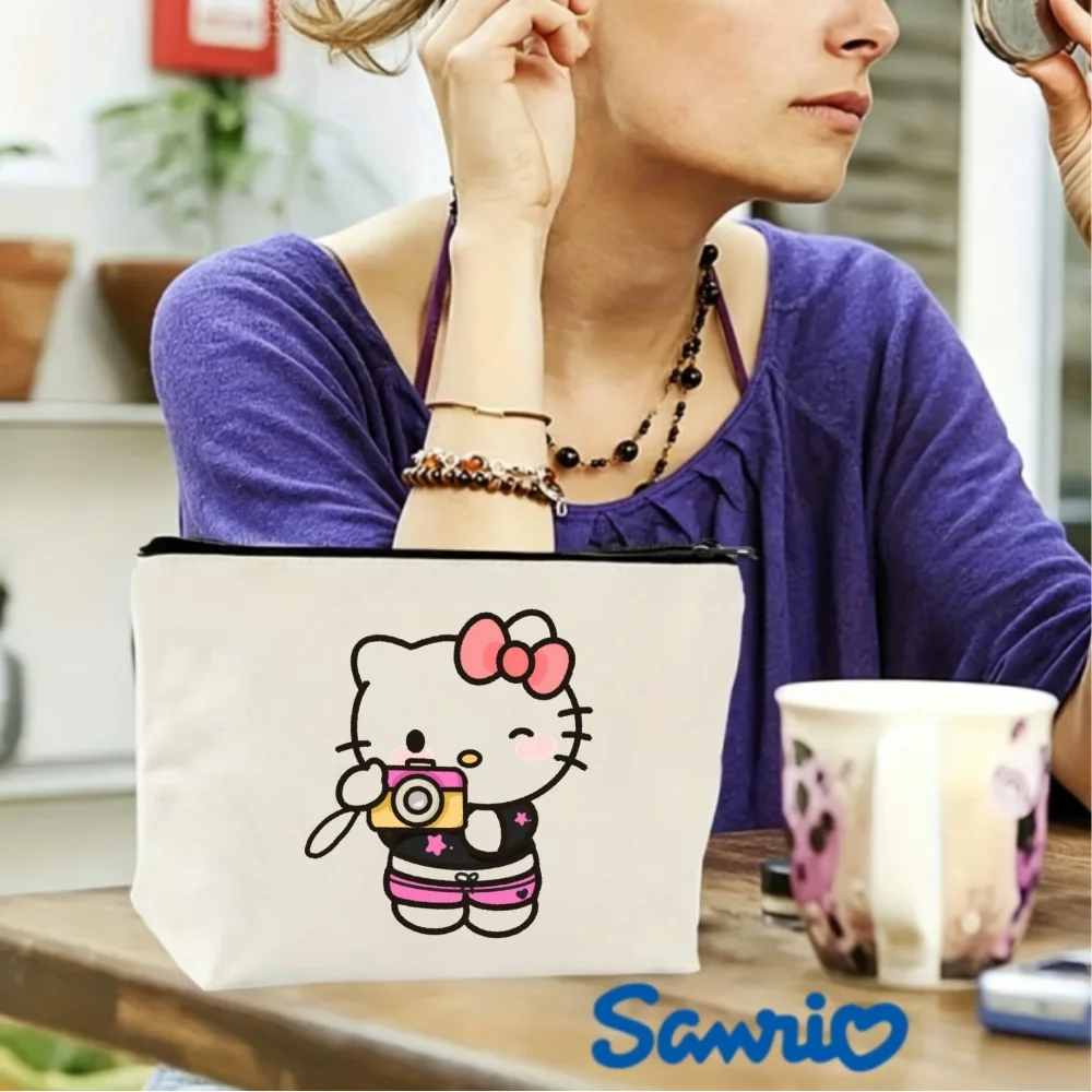 

1PC Kawaii Hello Kitty Photographer Canvas Makeup Bag, Double-Sided Print Cosmetic Pouch