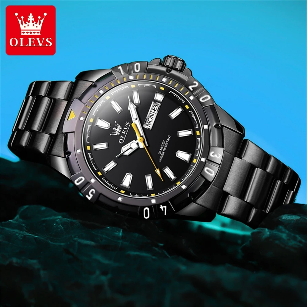 OLEVS New Luxury Stainless Steel Black Sports Quartz Watch for Men Waterproof Luminous Week Date Mens Watches Relogio Masculino